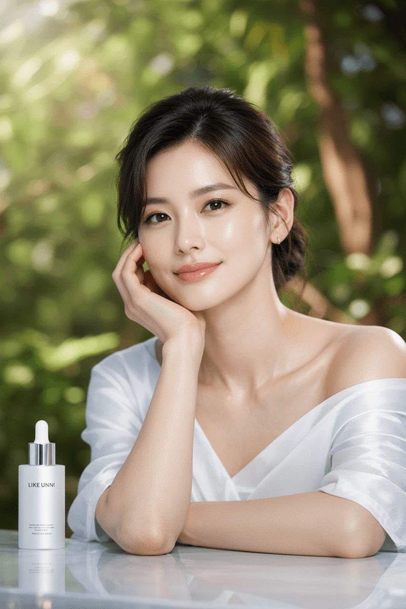 Radiant woman with clear skin posing next to a Like Unni serum bottle outdoors.