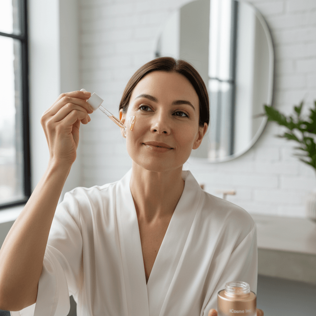 Woman in her thirties applying golden serum with dropper, luminous skin