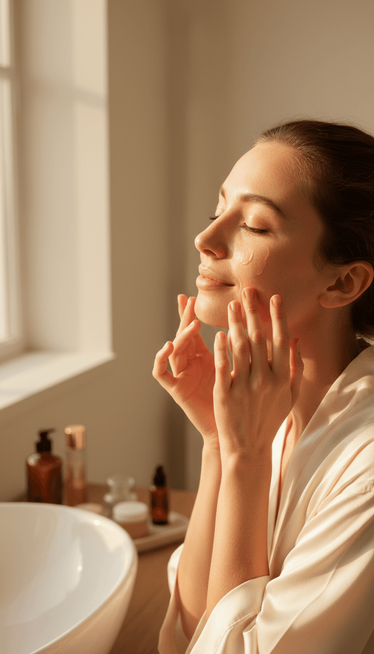 A warm, intimate skincare moment aesthetic close-up shot of a woman's hands gently applying anti-aging serum to her face in soft morning light.