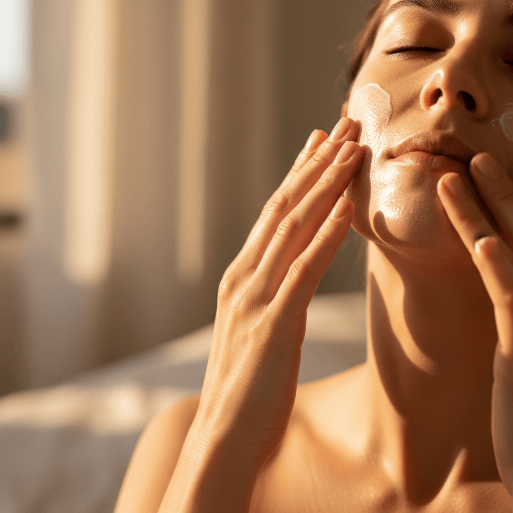 Hands applying anti-aging serum to face