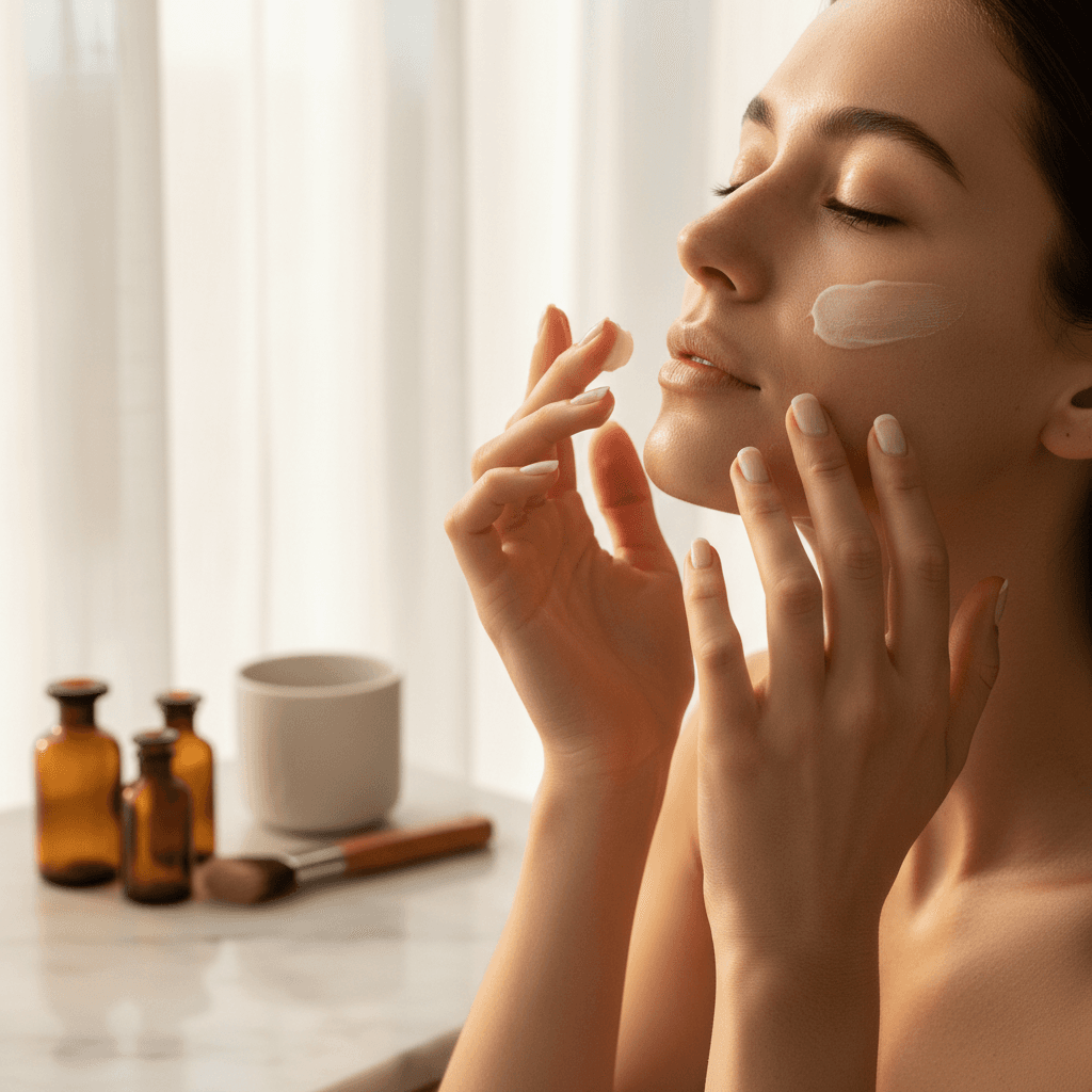 Woman in her thirties applying golden serum with dropper, soft natural light highlighting luminous skin and fine lines