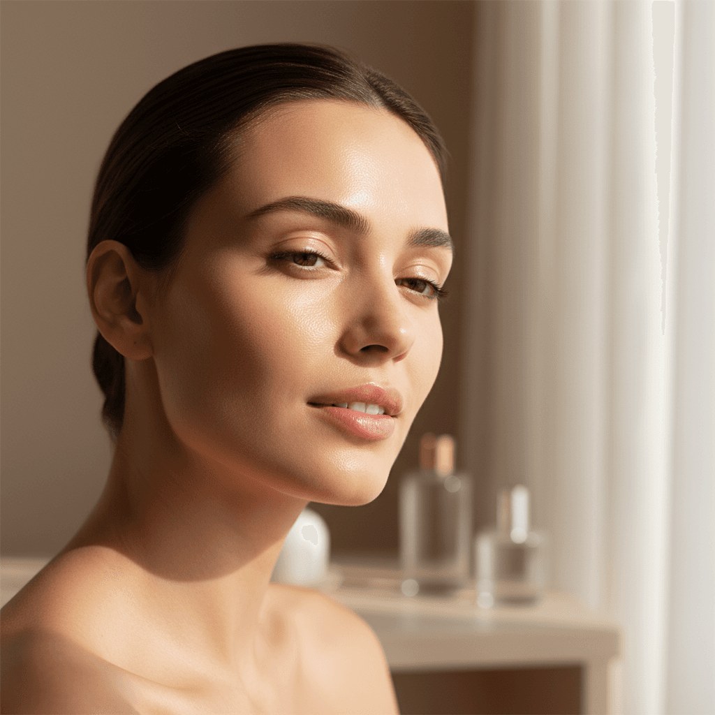 Woman admiring her skin in mirror after using LIKE UNNI products