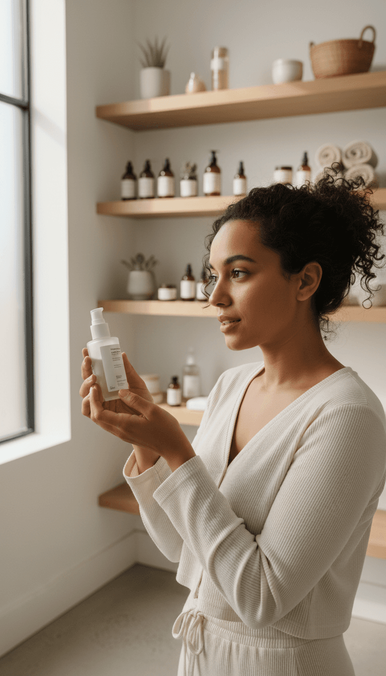 Woman reading skincare product information