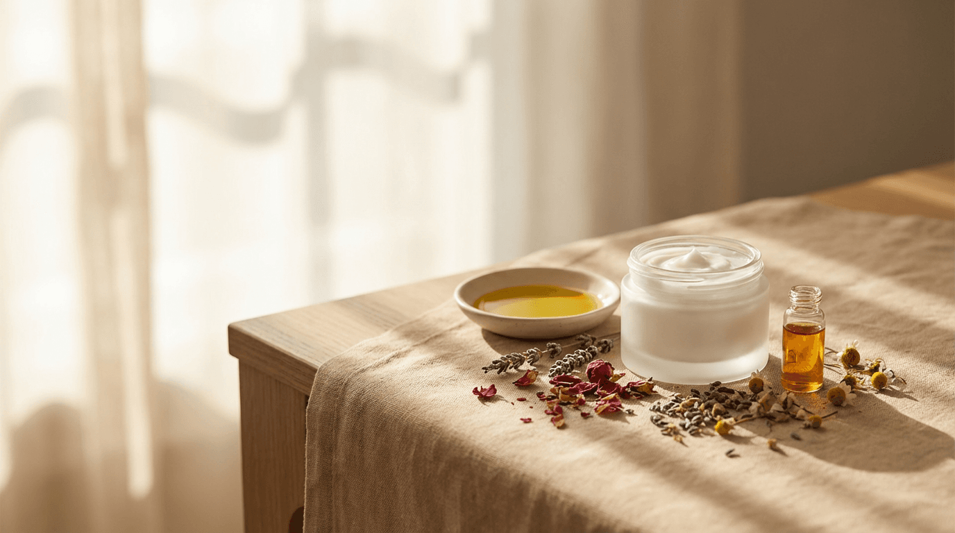 Complete LIKE UNNI anti-aging product collection arranged on linen