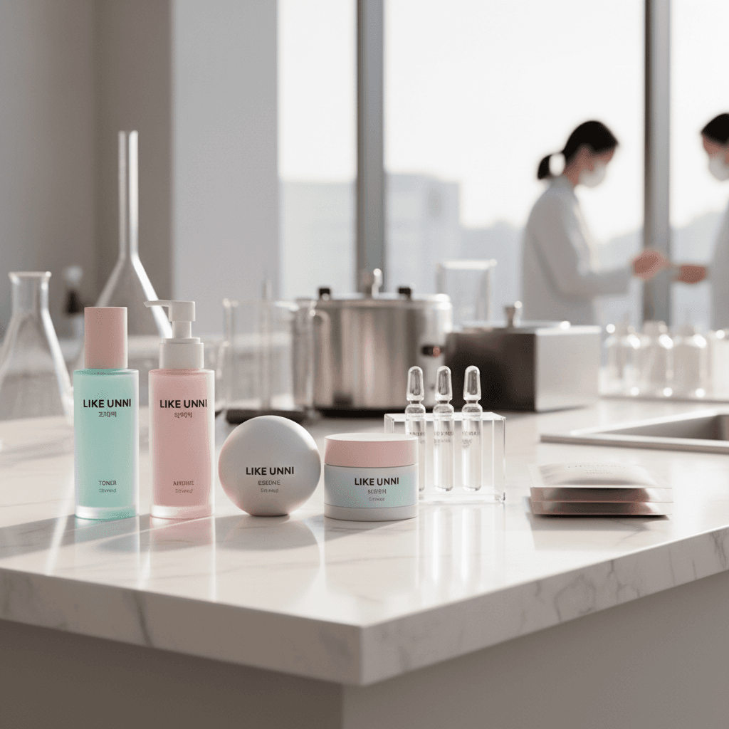 Like Unni skincare products on a marble counter with scientists working in a bright laboratory.