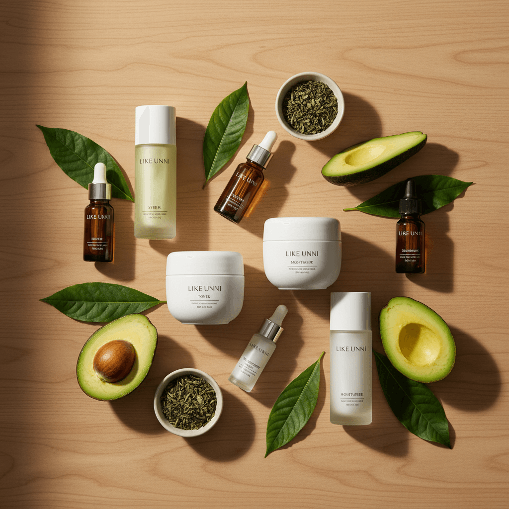 LIKE UNNI skincare products arranged with avocado, green leaves, and herbs on a wooden surface.